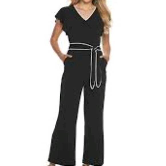 NWT $60 Apt 9 Black White Midi Cropped Wide Leg Ruffled  Sleeve Jumpsuit Sz S - Picture 3 of 12
